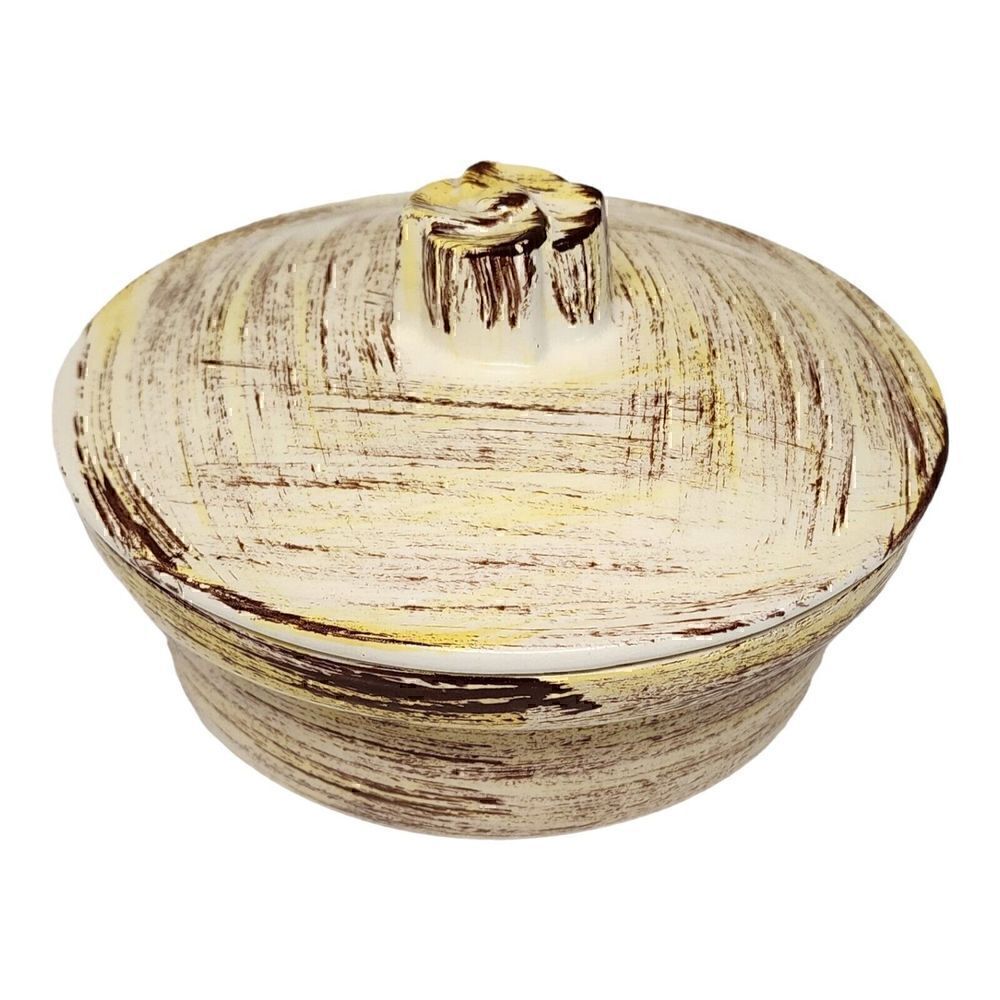 Vernonware Mid Century Brown, Ivory Yellow Ceramic Serving Dish w Lid  7x4.5